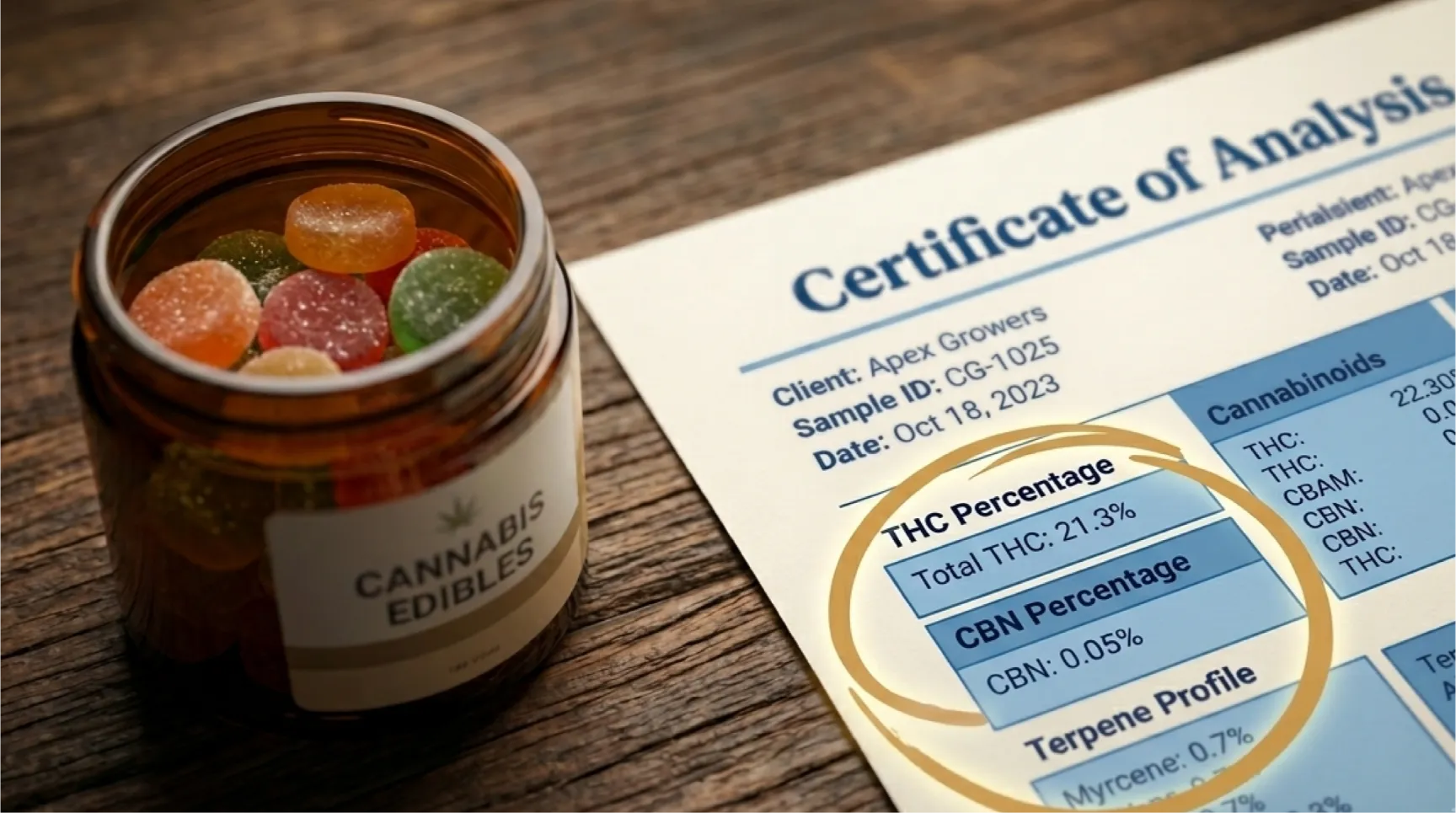 Close-up of cannabis gummies and a Certificate of Analysis on a dark wooden surface, with THC percentage, CBN percentage, and a terpene profile showing myrcene values annotated in gold.