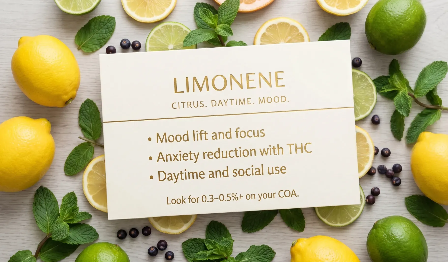 Limonene terpene effects card showing mood lift, focus, and anxiety reduction for daytime cannabis use.